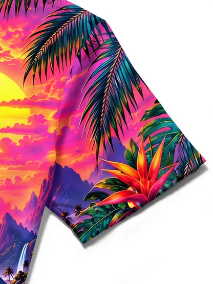 Adaychic Men's Hawaiian Toucan Sunset Landscape Print Short Sleeve Shirt with Chest Pocket