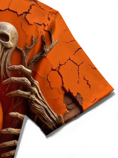 Adaychic Men's Halloween Jack-o-lantern And Skulls Print Short Sleeve Shirt with Chest Pocket