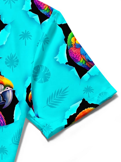 Adaychic Men's Colorful Parrots And Tropical Leaves Print Short Sleeve Shirt with Chest Pocket