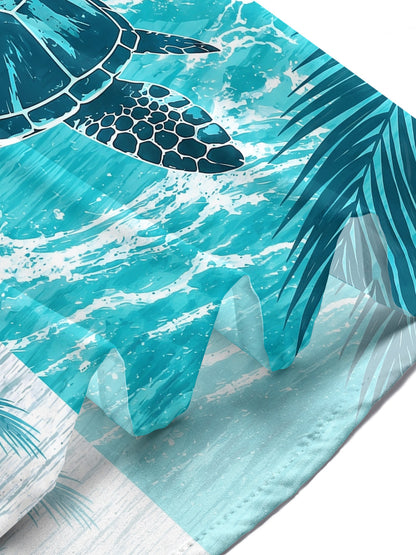 Adaychic Men's Hawaiian Sea Turtle Print Palm Leaves Print Short Sleeve Shirt with Chest Pocket