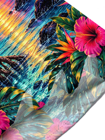 Adaychic Men's Hawaiian Toucan Sunset Landscape Print Short Sleeve Shirt with Chest Pocket