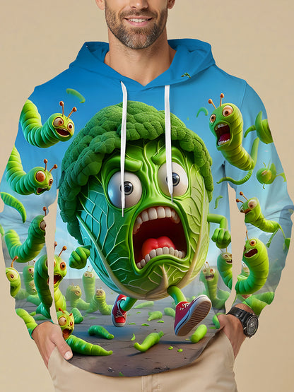 Funny Cauliflower Being Chased By Insects Long Sleeve Hooded Pocket Men's Top