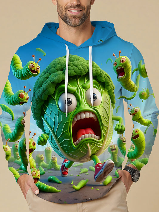 Funny Cauliflower Being Chased By Insects Long Sleeve Hooded Pocket Men's Top