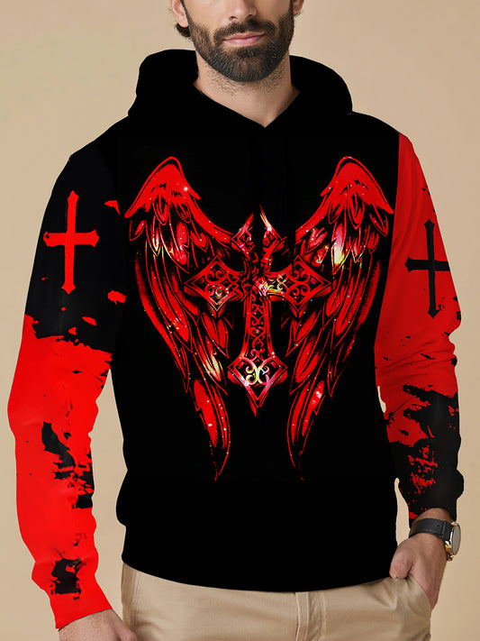 Dark Cross Wings Religion Long Sleeve Hooded Pocket Men's Top