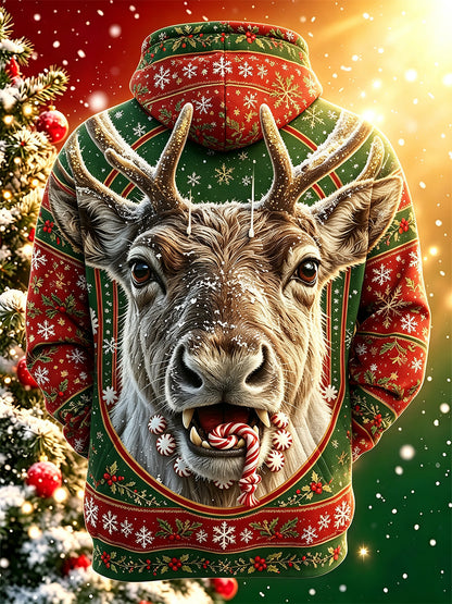 Adaychic Men's Graphic Christmas Reindeer Print Long Sleeve Hoodie with Chest Pocket