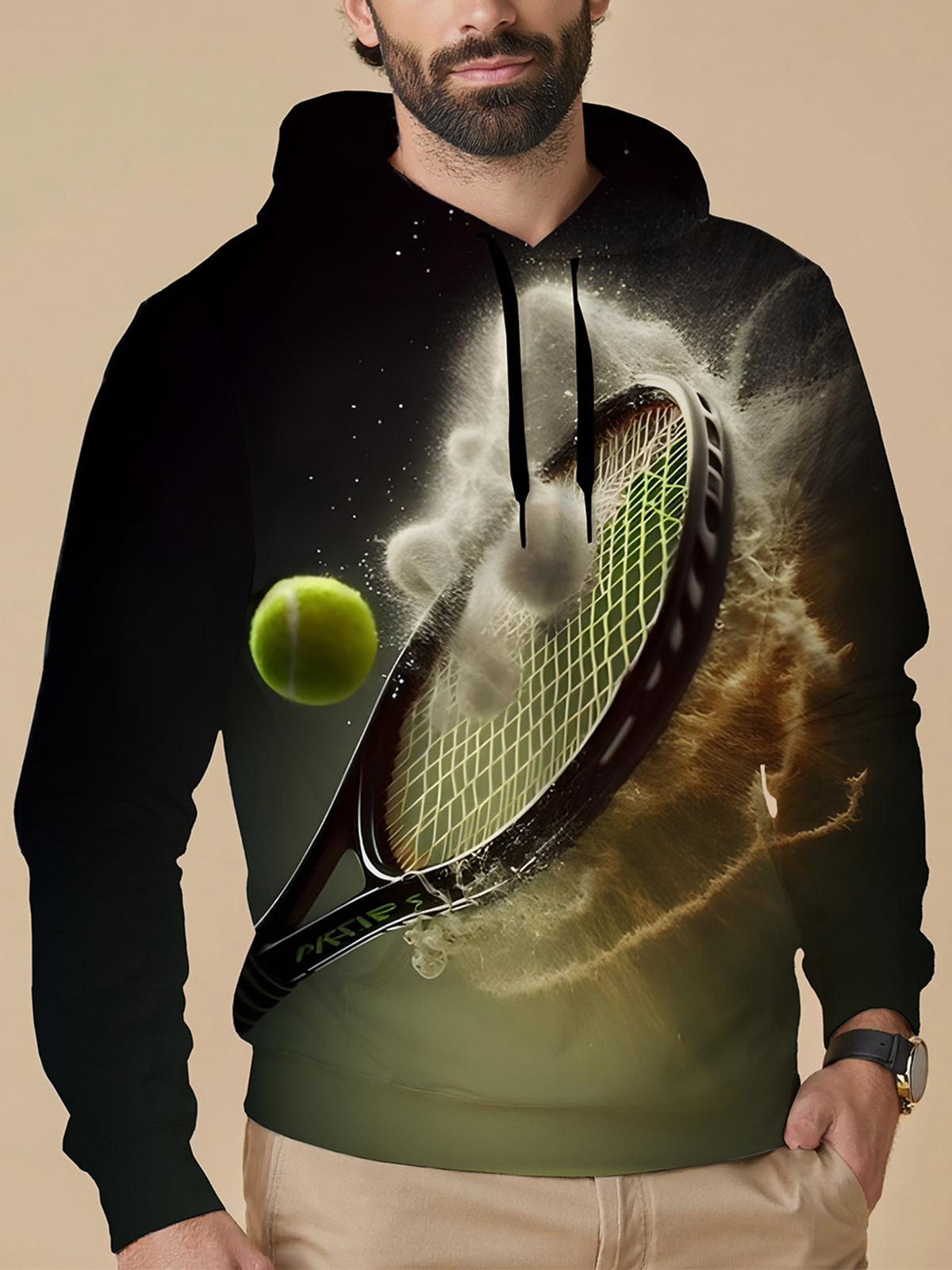 Tennis Print Long Sleeve Hooded Pocket Men's Top