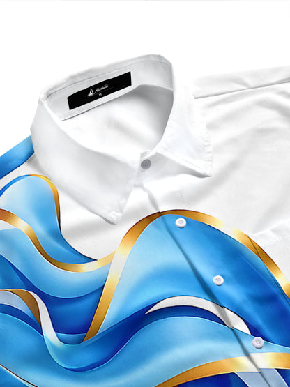 Adaychic Men's Graphic 3D Blue Gold Ribbon Wave Print Short Sleeve Shirt with Chest Pocket