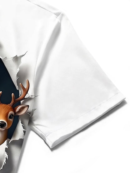 Adaychic Men's Graphic Santa Claus And Reindeer Print Short Sleeve Shirt with Chest Pocket