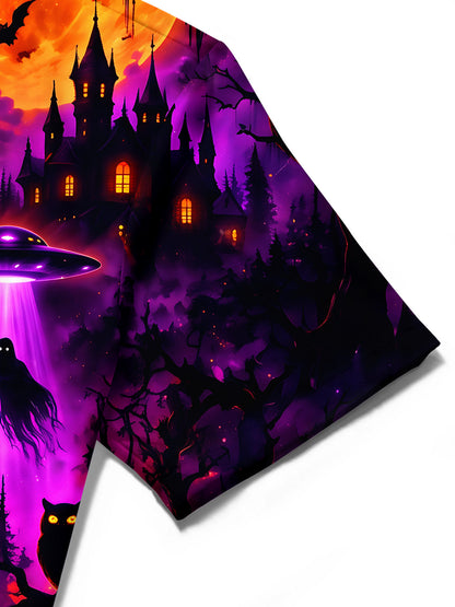 Adaychic Men's Short Sleeve Shirt - Halloween Grim Reaper And Jack-o-lanterns In A Graveyard Print with Chest Pocket