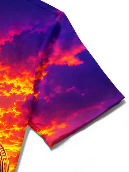 Adaychic Men's Hawaiian Rhino Sunset Landscape Print Short Sleeve Shirt with Chest Pocket