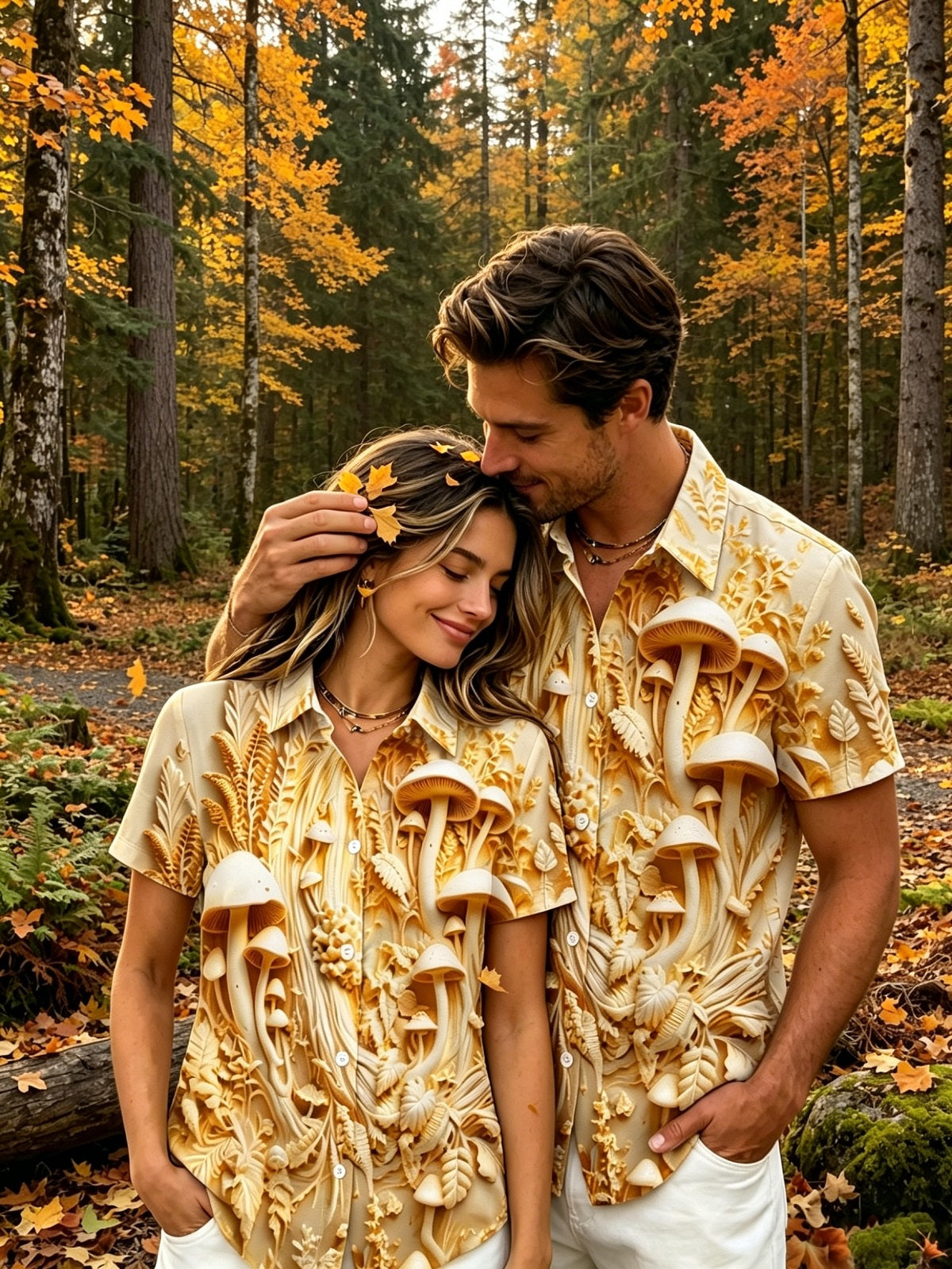 Adaychic Mushroom Leaf Pattern Print Short Sleeve Matching Couple Shirts with Chest Pocket