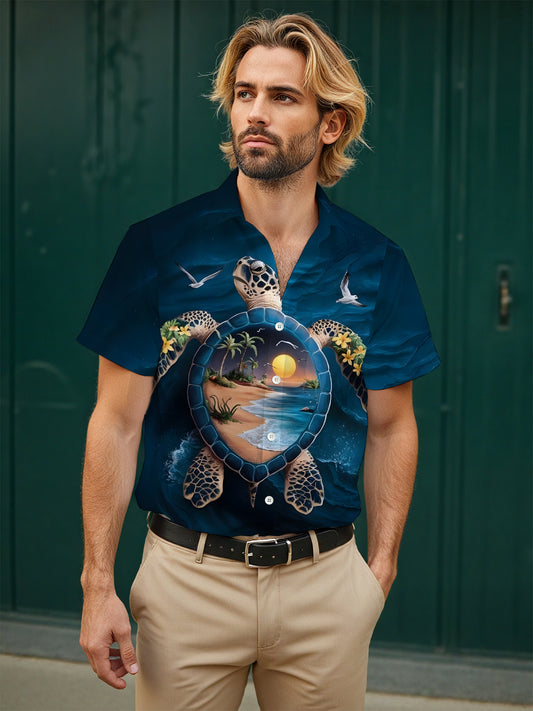 Hawaiian Turtle Print Men's Pocket Short Sleeve Shirts