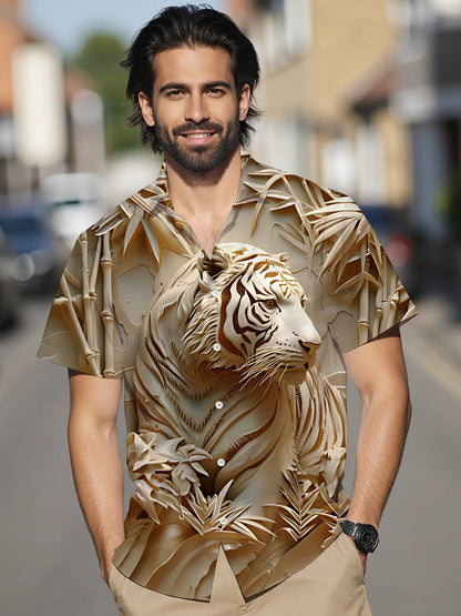 Adaychic Men's Graphic Tropical 3D Tiger Bamboo Print Short Sleeve Button Down Shirt with Chest Pocket