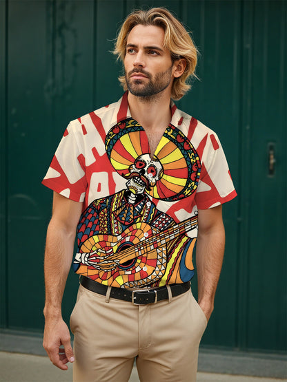 Funny Skull Print Men's Pocket Short Sleeve Shirts