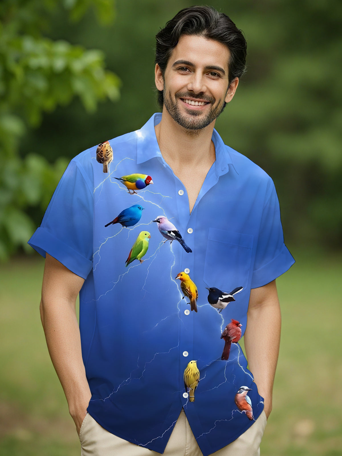 Bird Print Men's Pocket Short Sleeve Shirts