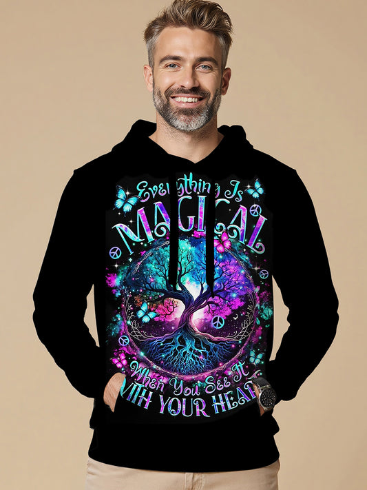Magic Tree Letters Long Sleeve Hooded Pocket Men's Top