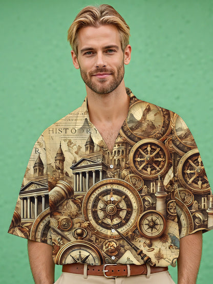 Vintage Print Men's Pocket Short Sleeve Shirts