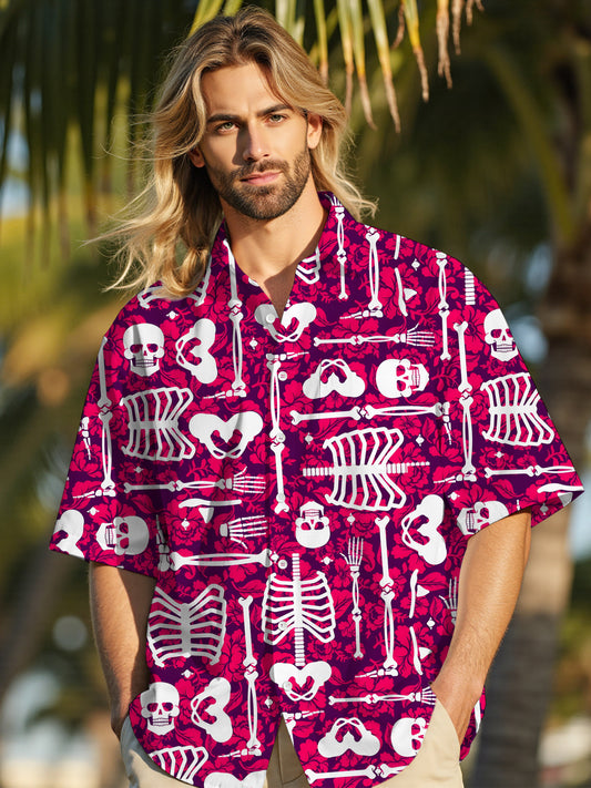 Skull Floral Men's Pocket Short Sleeve Shirts