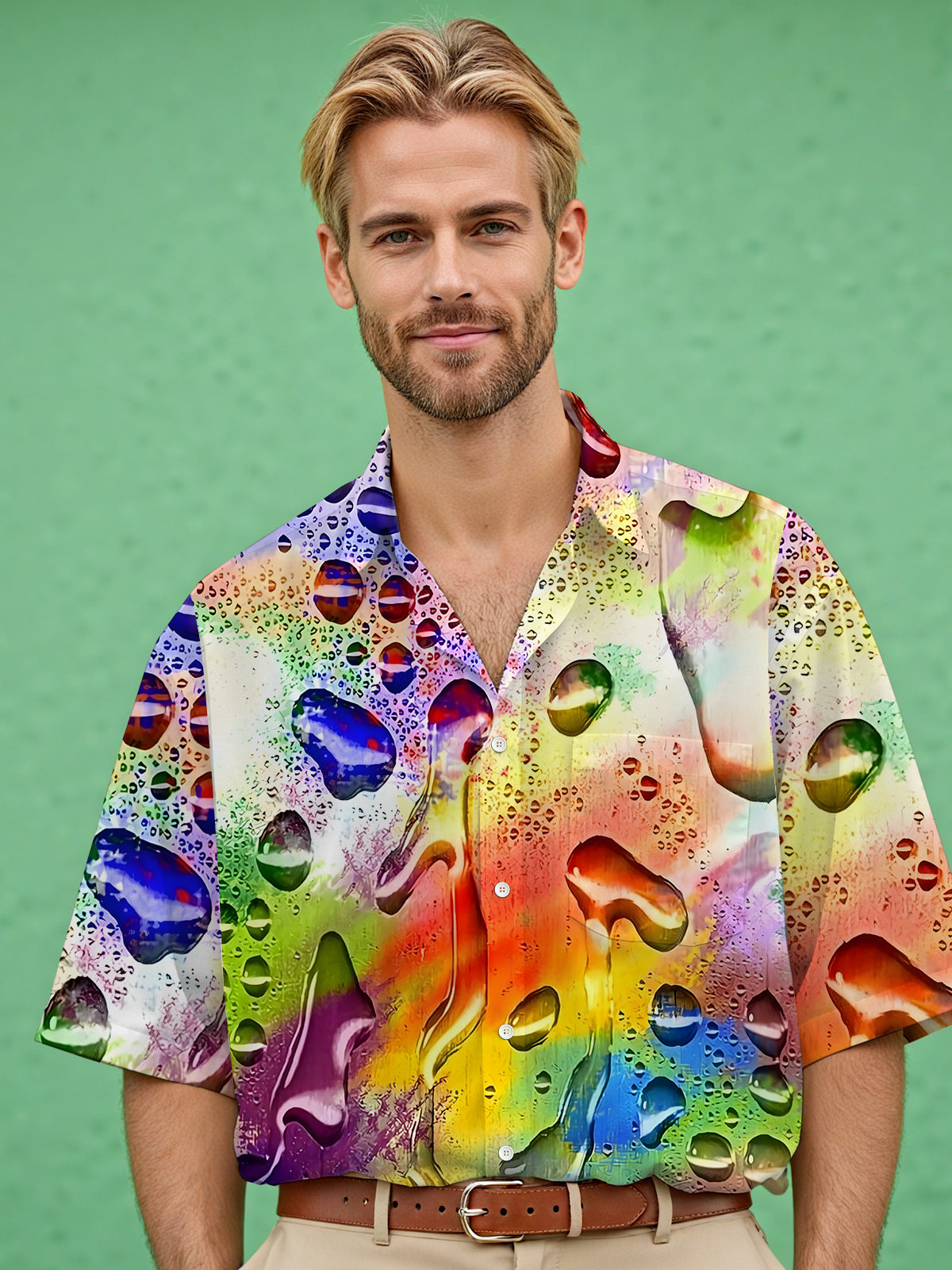 Gradient Water Drop Print Men's Pocket Short Sleeve Shirts