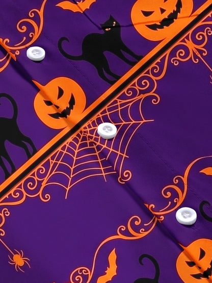 Adaychic Men's Halloween Black Cats And Pumpkins Print Short Sleeve Shirt with Chest Pocket