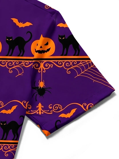 Adaychic Men's Halloween Black Cats And Pumpkins Print Short Sleeve Shirt with Chest Pocket