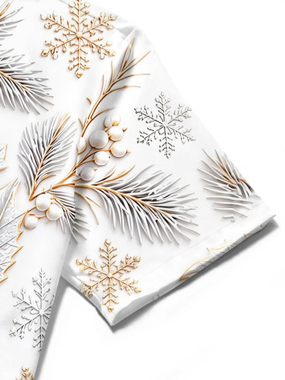 Adaychic Men's Winter Snowflakes And Winter Leaves Print Short Sleeve Shirt with Chest Pocket