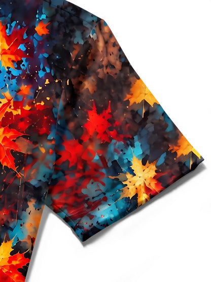 Adaychic Men's Hawaiian Maple Leaf Autumn Pattern Short Sleeve Shirt with Chest Pocket