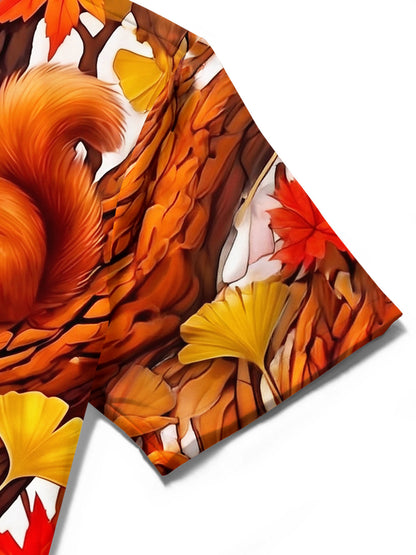 Adaychic Men's Hawaiian Autumn Squirrel Print Short Sleeve Shirt with Chest Pocket