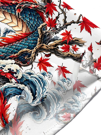 Adaychic Men's Hawaiian Dragon Print Maple Leaf Print Short Sleeve Shirt with Chest Pocket