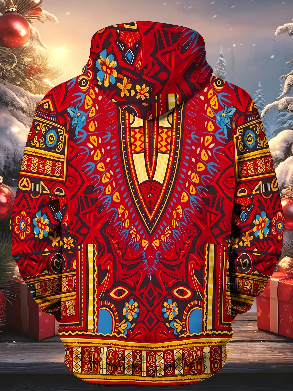 Adaychic Men's Geometric Totem Pattern With Floral Motifs Long Sleeve Hoodie