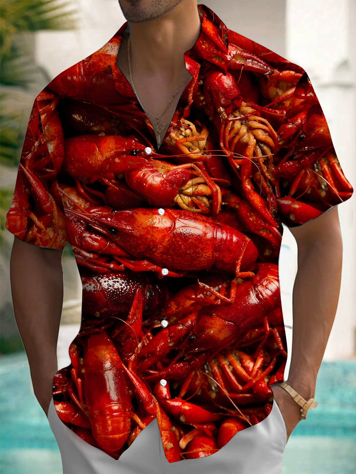 Adaychic Men's Graphic Red Crawfish Print Short Sleeve Button Down Shirt with Chest Pocket