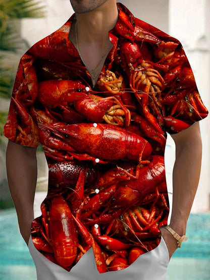 Adaychic Men's Graphic Red Crawfish Print Short Sleeve Button Down Shirt with Chest Pocket