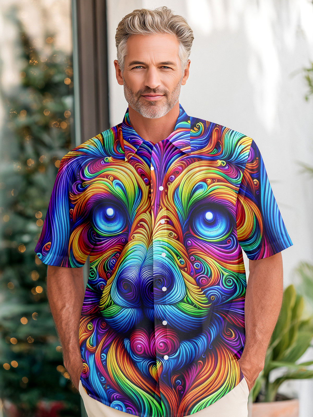 Adaychic Men's Graphic Abstract Psychedelic Dog Face Print Short Sleeve Button Down Shirt with Chest Pocket