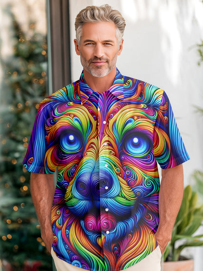 Adaychic Men's Graphic Abstract Psychedelic Dog Face Print Short Sleeve Button Down Shirt with Chest Pocket