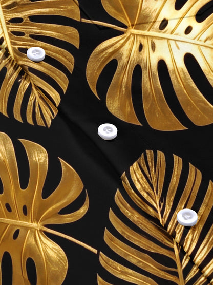 Adaychic Men's Gold Palm Leaf And Monstera Leaf Print Short Sleeve Shirt with Chest Pocket