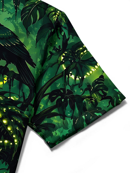 Adaychic Men's Glowing Forest Mushrooms And Crows Print Short Sleeve Shirt with Chest Pocket