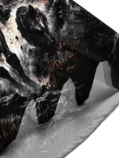 Adaychic Men's Short Sleeve Shirt - Halloween Dark Fantasy Landscape Print Cowboy On Horseback With Wolves And Crows Print