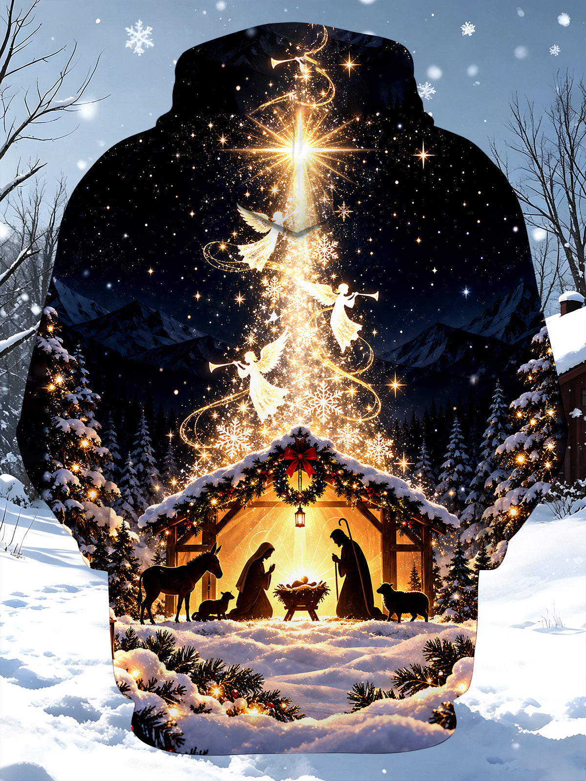 Adaychic Men's Nativity Scene With Angels And Star Print Long Sleeve Hoodie