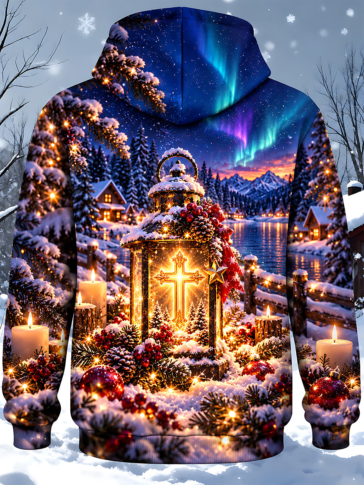 Adaychic Men's Printed Christmas Lantern Print Long Sleeve Hoodie