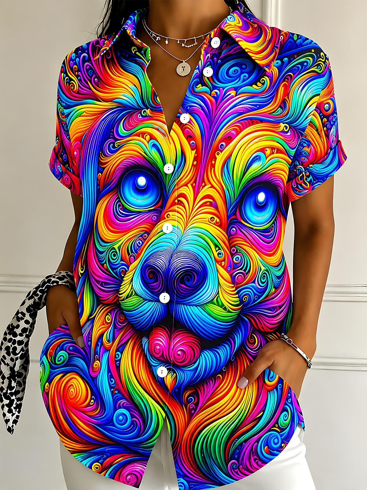 Adaychic Psychedelic Dog Face Print Short Sleeve Matching Couple Shirts with Chest Pocket