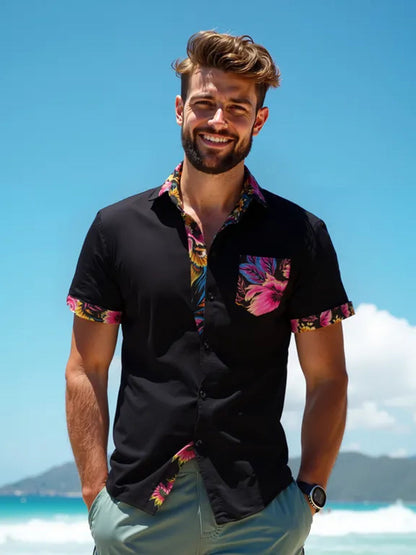 Adaychic Men's Hawaiian Tropical Floral Contrast Print Short Sleeve Button Down Shirt with Chest Pocket