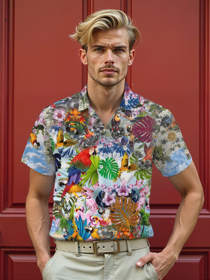 Hawaiian Plant Parrot Leaf Print Men's Pocket Short Sleeve Shirts