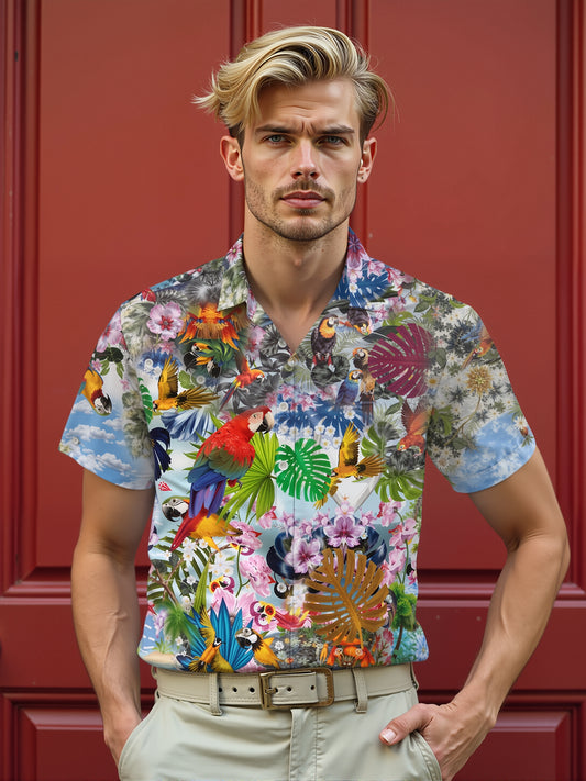 Hawaiian Plant Parrot Leaf Print Men's Pocket Short Sleeve Shirts