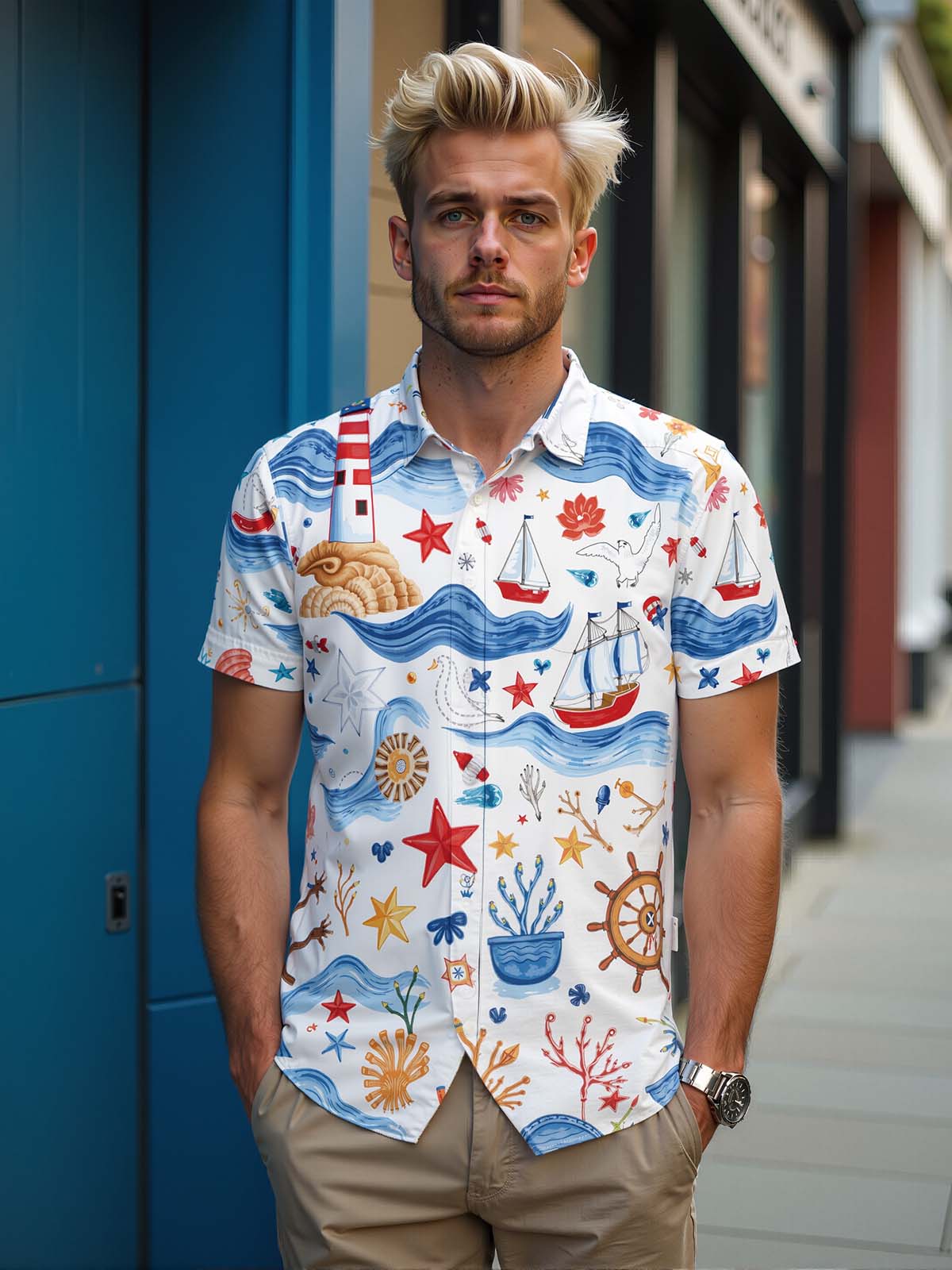 Ocean Lighthouse Ship Print Men's Pocket Short Sleeve Shirts