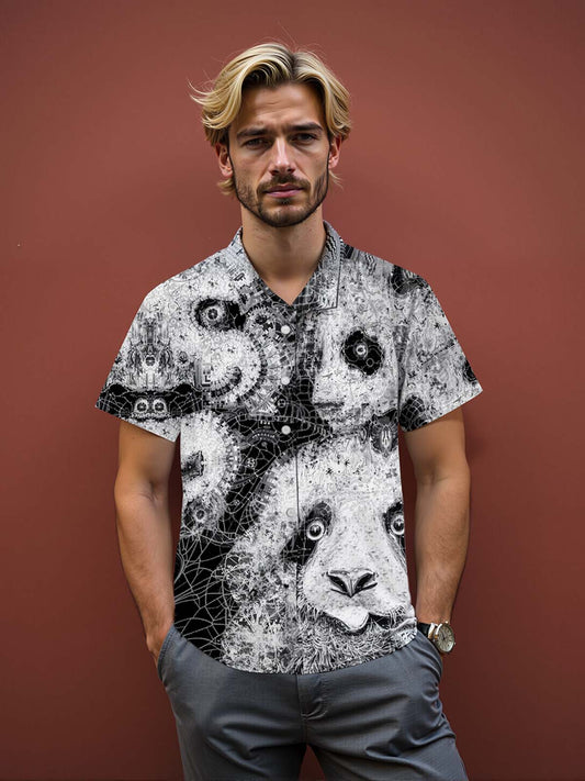 Panda Art Print Men's Pocket Short Sleeve Shirts