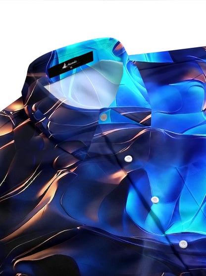 Adaychic Men's Graphic Abstract Blue 3D Wave Print Short Sleeve Button Down Shirt with Chest Pocket