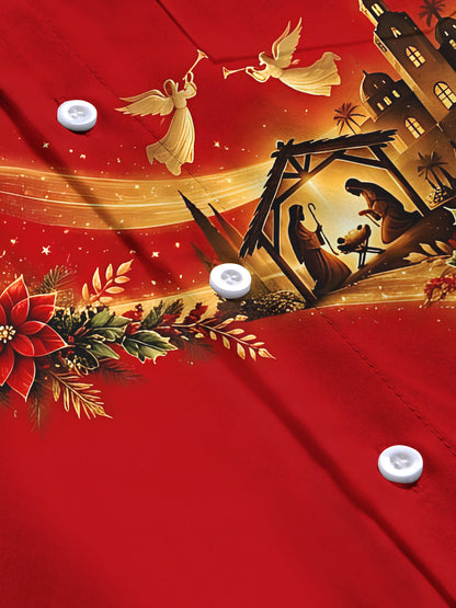 Adaychic Men's Nativity Scene With Poinsettias And Star Print Long Sleeve Shirt with Chest Pocket
