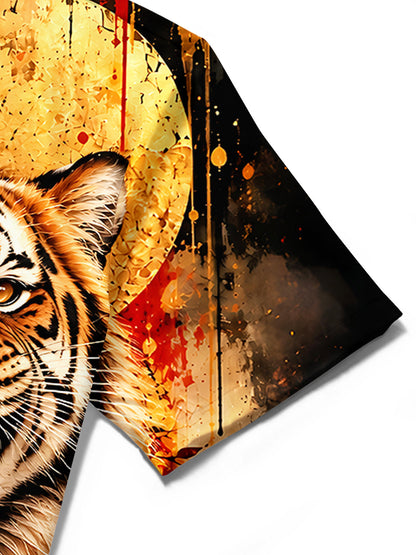 Adaychic Men's Graphic Roaring Tiger Head Print Short Sleeve Shirt with Chest Pocket
