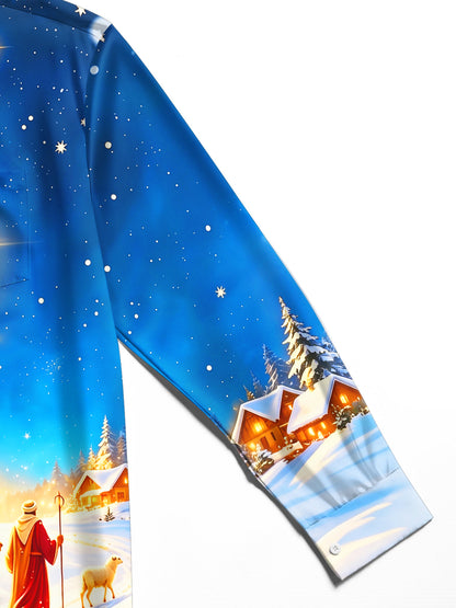 Adaychic Men's Christmas Three Wise Men And Camels Print Long Sleeve Shirt with Chest Pocket