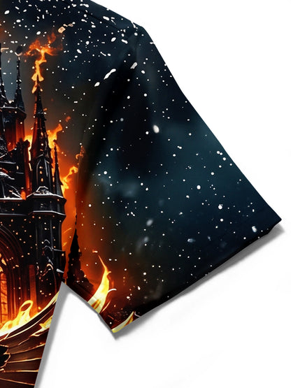 Adaychic Men's Graphic Eagle Print Gothic Cathedral Print Short Sleeve Shirt with Chest Pocket